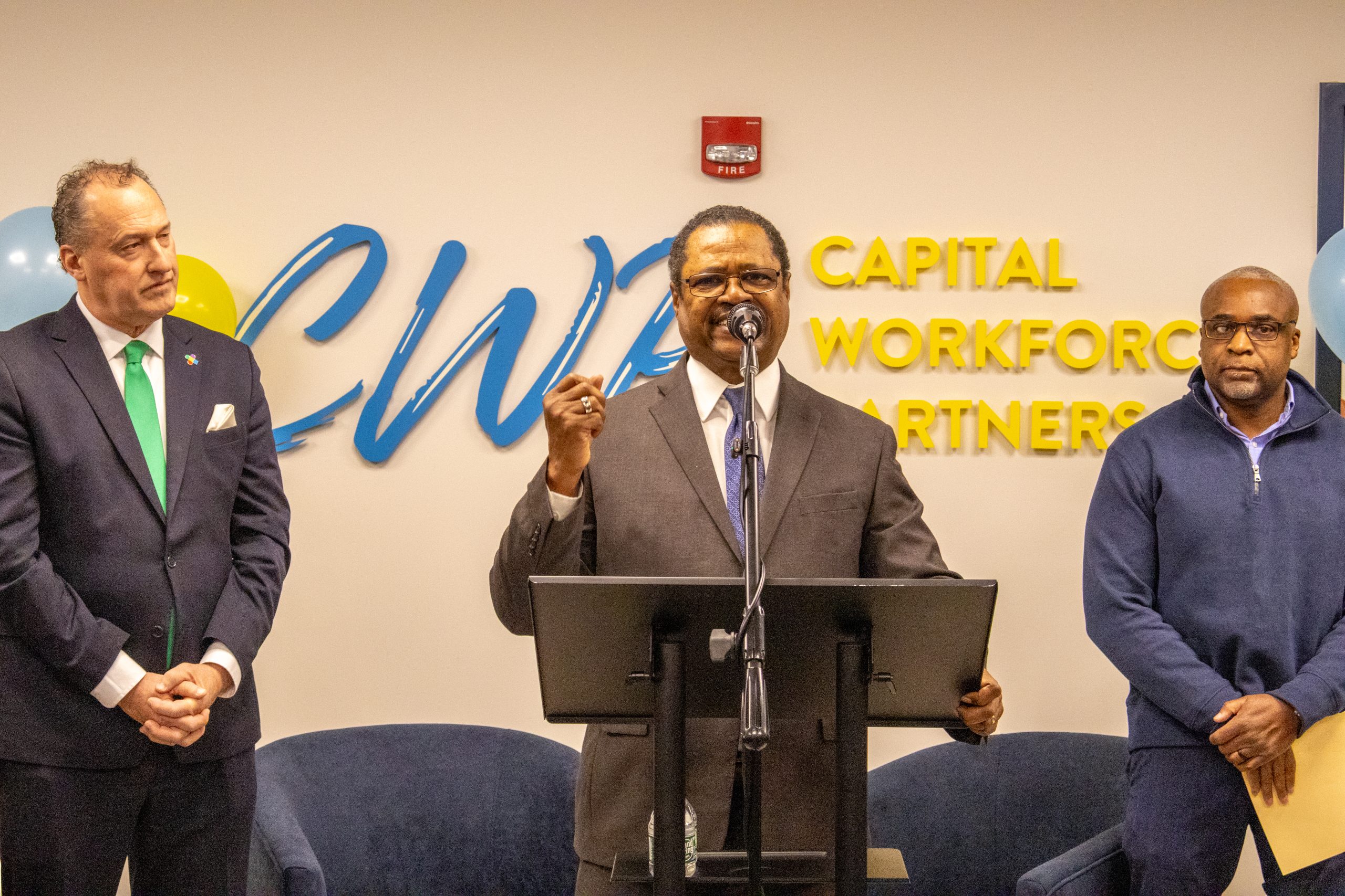 CWP CEO and President at a podium, speaking at the CWP Headquarters in Hartford